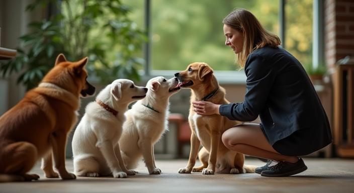 Trainer and group of dogs in a comfortable training space in Manchester