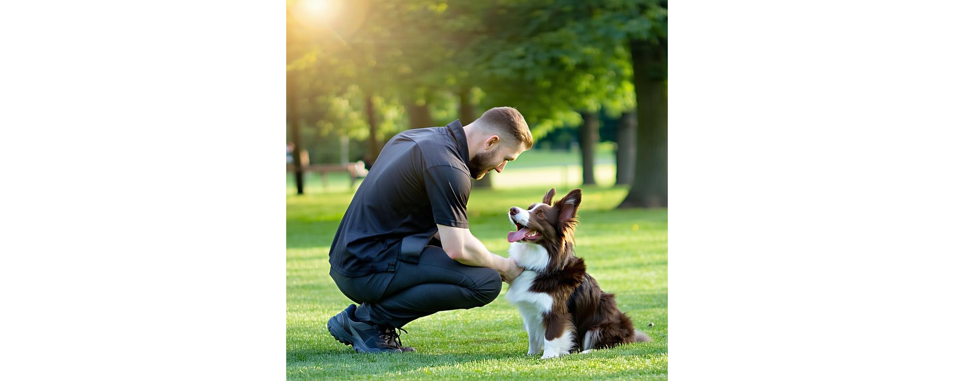 Professional trainer working with an enthusiastic dog outdoors in Manchester park