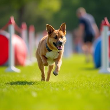 Dog speeding through agility obstacles