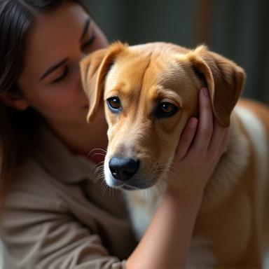 Trainer comforting a nervous dog
