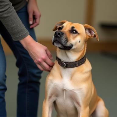 Canine learning sit command with trainer