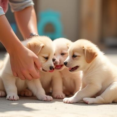 Group of puppies playing together under supervision