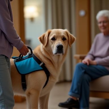 Therapy dog in vest with handler visiting a care home